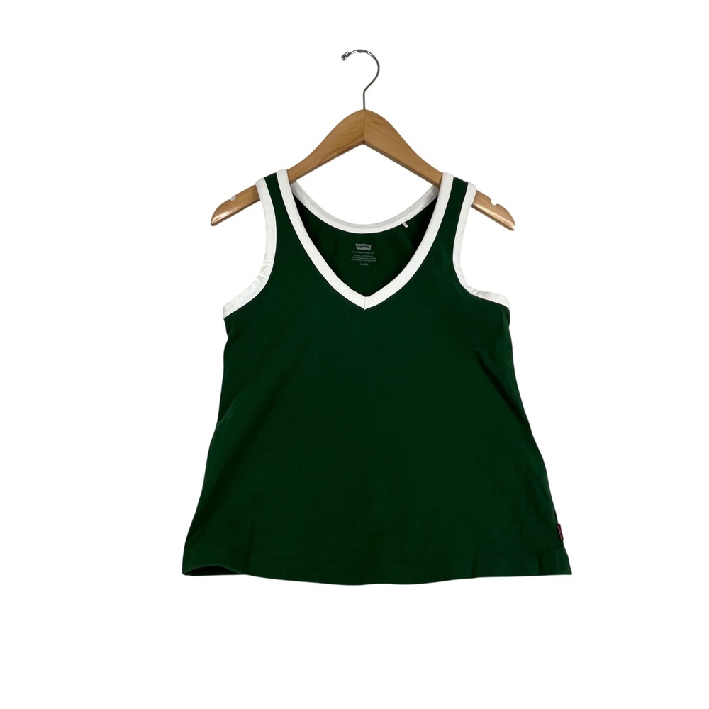 Levis Womens Green White Ringer V-Neck Tank Top Sleeveless Shirt Small